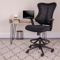 Flash Furniture BL-LB-8816D-GG High Back Designer Black Mesh Drafting Chair with Leather Sides and Adjustable Arms 